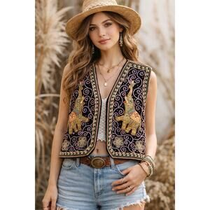 Vintage Carol Horn Elephant Thailand Boho Embroidered 3D Vest Festival Size M